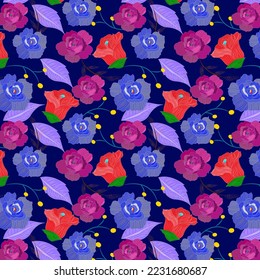 Nahtlose Muster von schönen roten Salsa, Barbie-Rosa, State-Blue-Rosen und Lavendel-blauen Blättern auf Mitternachtsblauem Hintergrund. Textildesign, Tapeten, Stoffdruck, Innendekoration.