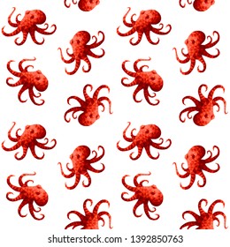 Seamless pattern with beautiful red sea octopuses in low poly style isolated on white background; Vector colorful endless pattern with ocean Octopoda for fabric print, texture and wrapping paper