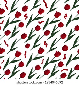 Seamless pattern with beautiful red tulips and ribbons on white background