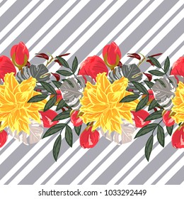 Seamless pattern with beautiful red and yellow flowers on striped background. Flower background for textile, cover, wallpaper, gift packaging, printing.Romantic design for calico, silk.