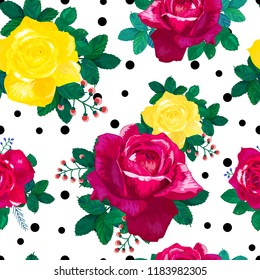 Seamless pattern with beautiful red yellow roses and black dots on a white  background.Summer Vector illustration in the style of shabby chic.Print for textile,fabric,wrapping paper,design a web site.
