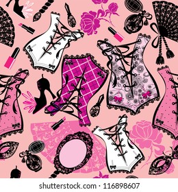 Seamless pattern with beautiful retro corsets, perfume bottles, fans, shoes