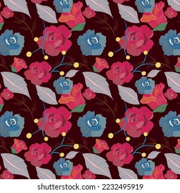 Seamless pattern of  beautiful rose red, blue sapphire  color roses and silver metallic, deep jungle green color leaves on dark sienna background. textile design, fabric print, interior decoration.