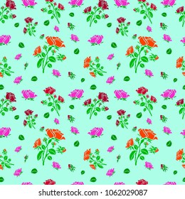 Seamless pattern, beautiful roses of different colors, buds and leaves, silhouette on light blue background, vector