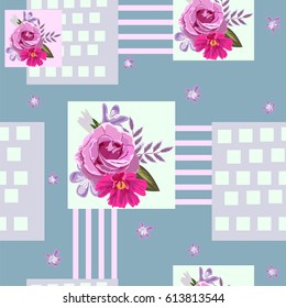 Seamless pattern with beautiful roses and geometric elements. Hand-drawn floral background for printing on fabric, clothing, home textiles, wallpaper, gift wrapping. Romantic design.