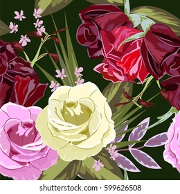 Seamless pattern with beautiful roses. Hand-drawn floral background for printing on fabric, clothing, home textiles, wallpaper, gift wrapping. Romantic design.