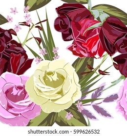 Seamless pattern with beautiful roses. Hand-drawn floral background for printing on fabric, clothing, home textiles, wallpaper, gift wrapping. Romantic design.
