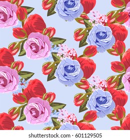 Seamless pattern with beautiful roses. Hand-drawn floral background for printing on fabric, clothing, home textiles, wallpaper, gift wrapping. Romantic design.