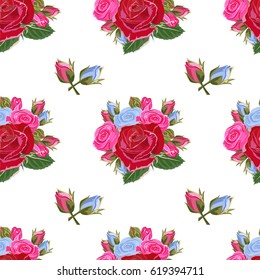 Seamless pattern with beautiful roses. Hand-drawn floral background for printing on fabric, clothing, home textiles, wallpaper, gift wrapping. Romantic design.