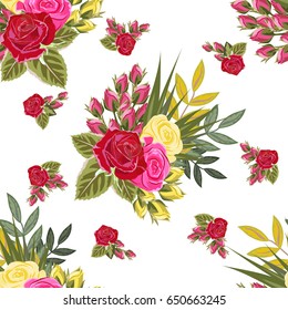 Seamless pattern with beautiful roses. Hand-drawn floral background for printing on fabric, clothing, home textiles, wallpaper, gift wrapping. Bright festive design.