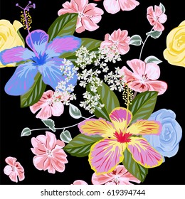 Seamless pattern with beautiful roses, hibiscus and geranium. Hand-drawn floral background for printing on fabric, clothing, home textiles, wallpaper, gift wrapping. 