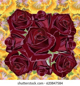 Seamless pattern with beautiful roses and hibiscus. Hand-drawn floral background for printing on fabric, clothing, home textiles, wallpaper, gift wrapping. Bright festive design.