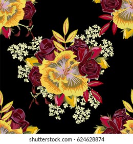 Seamless pattern with beautiful roses and hibiscus. Hand-drawn floral background for printing on fabric, clothing, home textiles, wallpaper, gift wrapping. Bright festive design.