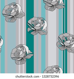 Seamless pattern with beautiful roses on striped background. Hand-drawn floral background for textile, cover, wallpaper, gift packaging, printing.Romantic design for calico, silk.Vector.