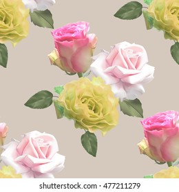 Seamless pattern with  beautiful roses on a light beige background.Vector illustration.