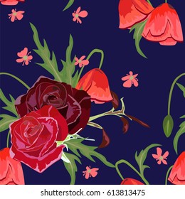 Seamless pattern with beautiful roses and poppies. Hand-drawn floral background for printing on fabric, clothing, home textiles, wallpaper, gift wrapping. Romantic design.