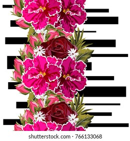 Seamless pattern with beautiful roses and violets on striped background. Flower background for textile, cover, wallpaper, gift packaging, printing.Romantic design for calico, silk.