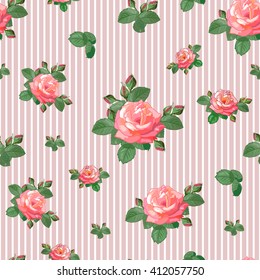 Seamless pattern with beautiful roses,buds and leaves on a background of pink stripes. Vector illustration in the style of shabby chic. Can be used for fabric,textile,scrapbooking,wrapping paper.