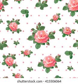 Seamless pattern with beautiful roses,buds and leaves on a background of pink circles. Vector illustration in the style of shabby chic. Can be used for fabric,textile,scrapbooking,wrapping paper.