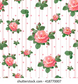Seamless pattern with beautiful roses,buds and leaves on a white background of pink stripes Vector illustration in the style of shabby chic. Can be used for fabric,textile,scrapbooking,wrapping paper.