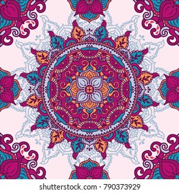 Seamless pattern with beautiful round pattern, indian style magical mandala, vector illustration