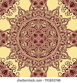 Seamless pattern with beautiful round pattern, indian style magical mandala, vector illustration
