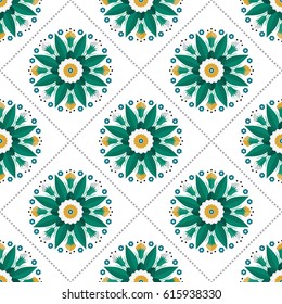 Seamless pattern of beautiful round wreath of spring flowers, green palm leaves, yellow cotton and dotted garlands. Floral print on white background. Vector illustration