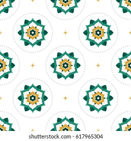Seamless pattern of beautiful round wreath of green palm leaves inside the shape of dotted circle. Islamic motif. Floral print on white background. Vector illustration