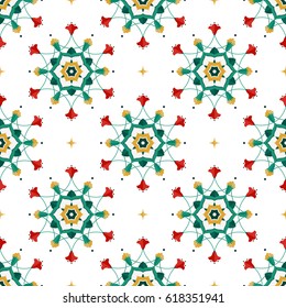 Seamless pattern of beautiful round wreath of green leaves, red tulips, yellow cotton and stars. Islamic motif. Colorful floral print on white background. Vector illustration