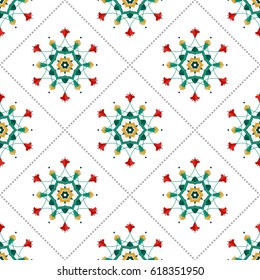 Seamless pattern of beautiful round wreath of green leaves, red tulips, yellow cotton and dotted garlands in trellis. Islamic motif. Floral print on white background. Vector illustration