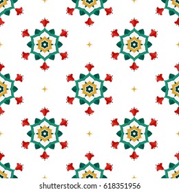 Seamless pattern of beautiful round wreath of green leaves, red tulips and stars. Islamic motif. Floral print on white background. Vector illustration