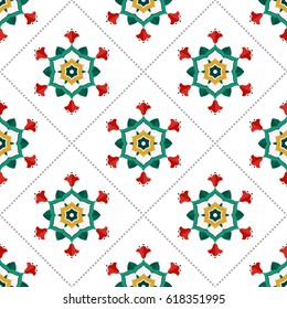 Seamless pattern of beautiful round wreath of green leaves, red tulips and dotted garlands in trellis. Islamic motif. Floral print on white background. Vector illustration