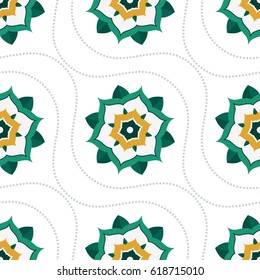 Seamless pattern of beautiful round wreath of green palm leaves and dotted wavy garlands in trellis. Islamic motif. Floral print on white background. Vector illustration