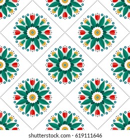 Seamless pattern of beautiful round wreath of spring flowers, green palm leaves, red tulips, yellow cotton and dotted garlands. Floral print on white background. Vector illustration