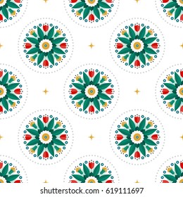 Seamless pattern of beautiful round wreath of spring flowers, green palm leaves, red tulips, yellow cotton inside dotted circle and stars. Floral print on white background. Vector illustration