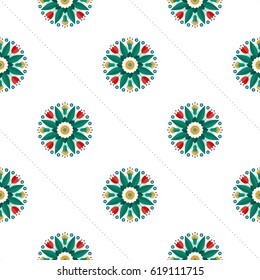 Seamless pattern of beautiful round wreath of spring flowers, green palm leaves, red tulips, yellow cotton and dotted garlands. Floral print on white background. Vector illustration