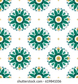 Seamless pattern of beautiful round wreath of spring flowers, green palm leaves, yellow cotton and stars. Floral print on white background. Vector illustration