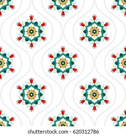 Seamless pattern of beautiful round wreath of green palm leaves, red tulips and dotted wavy garlands. Islamic motif. Floral print on white background. Vector illustration