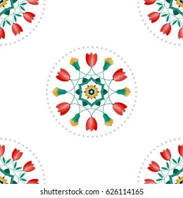 Seamless pattern of beautiful round wreath of green palm leaves, red tulips, yellow cotton flowers inside dotted circles. Islamic motif. Floral print on white background. Vector illustration