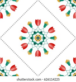 Seamless pattern of beautiful round wreath of green palm leaves, red tulips, yellow cotton flowers and dotted garlands in trellis. Islamic motif. Floral print on white background. Vector illustration