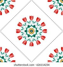 Seamless pattern of beautiful round wreath of green palm leaves, red tulips and dotted garlands in trellis. Islamic motif. Floral print on white background. Vector illustration