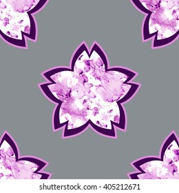 Seamless pattern with beautiful sakura spring flowers and handdrawn watercolor background. Cherry floral ornament. Vector design.