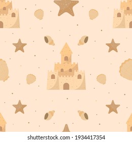 Seamless pattern with a beautiful sand castle and different seashells. Vector illustration.