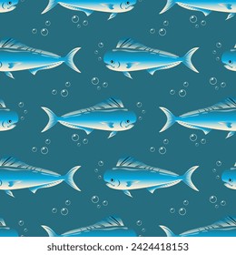 Patrón sin fisuras, hermosos peces de mar y burbujas en el agua. Fondo del acuario, vida submarina, vector