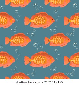 Seamless pattern, beautiful sea fish and bubbles in the water. Aquarium background, underwater life, vector