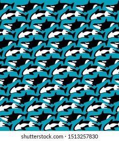 Seamless pattern with beautiful small killer whales floating in the water.