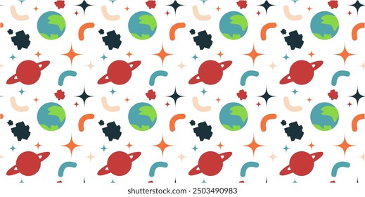 Seamless pattern of beautiful space objects, planets, astronomy, aesthetic pattern, scrapbook, paper, pattern texture