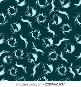 Seamless pattern with beautiful splashes of water on a dark turquoise background. Vector illustration. For packaging, textile, cover, background.