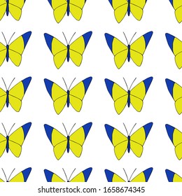 Patrón sin inconvenientes con bellas mariposas primaverales sobre fondo blanco. Insectos amarillos-azules con grandes alas. Estilo Doodle. Dibujo manual. Patrón para tela, embalaje y papel pintado.