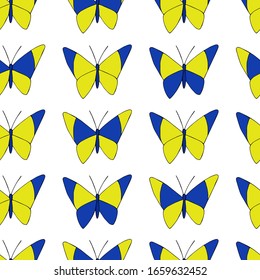 Seamless pattern with beautiful spring butterflies on white background. Yellow-blue insects with large wings. Doodle style. Hand drawing. Pattern for fabric, packaging and wallpaper.